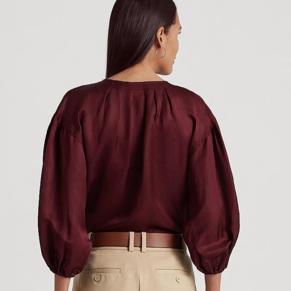 Ralph Lauren Shantung Blouson Sleeve Round Neck Quarter Zip Blouse Gold Zipper - Picture 6 of 8
